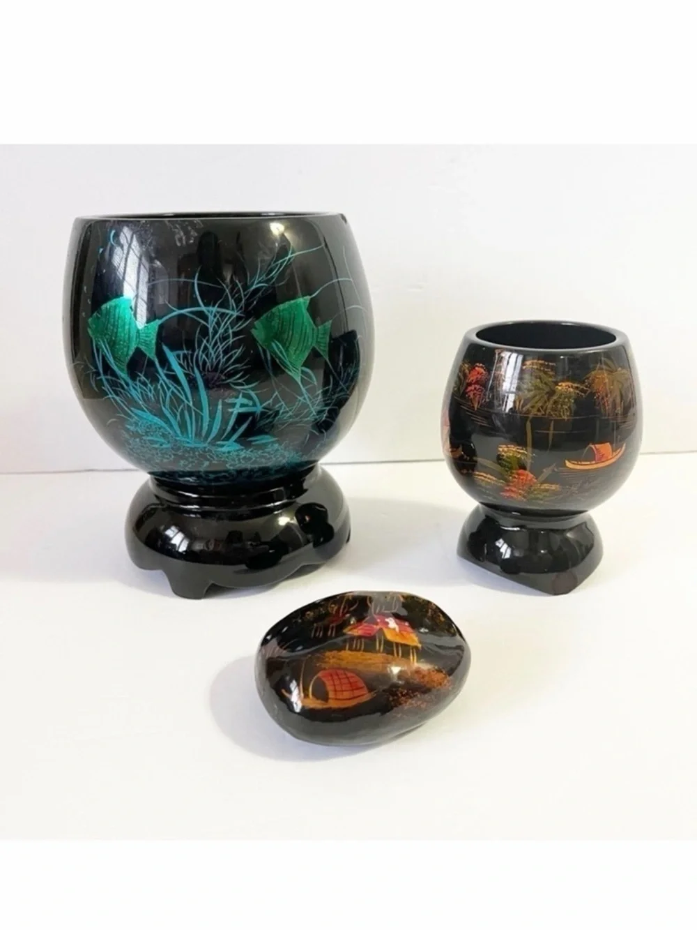 Black Lacquer Footed Wooden Bowl Boat Koi Iridescent Blue Paperweight Vietnam 3x